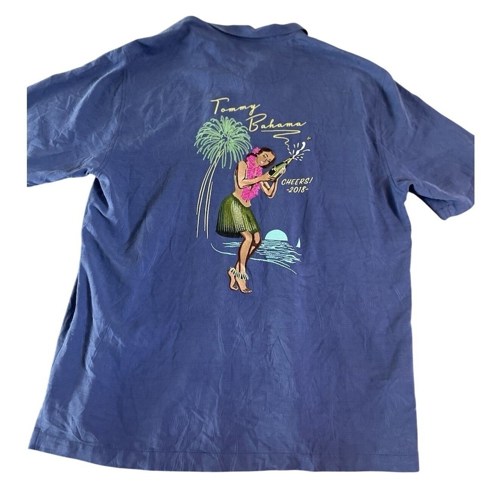 Tommy Bahama Original Fit Blue Camp Shirt Men's Large Blue Hula Girl Hawaiian